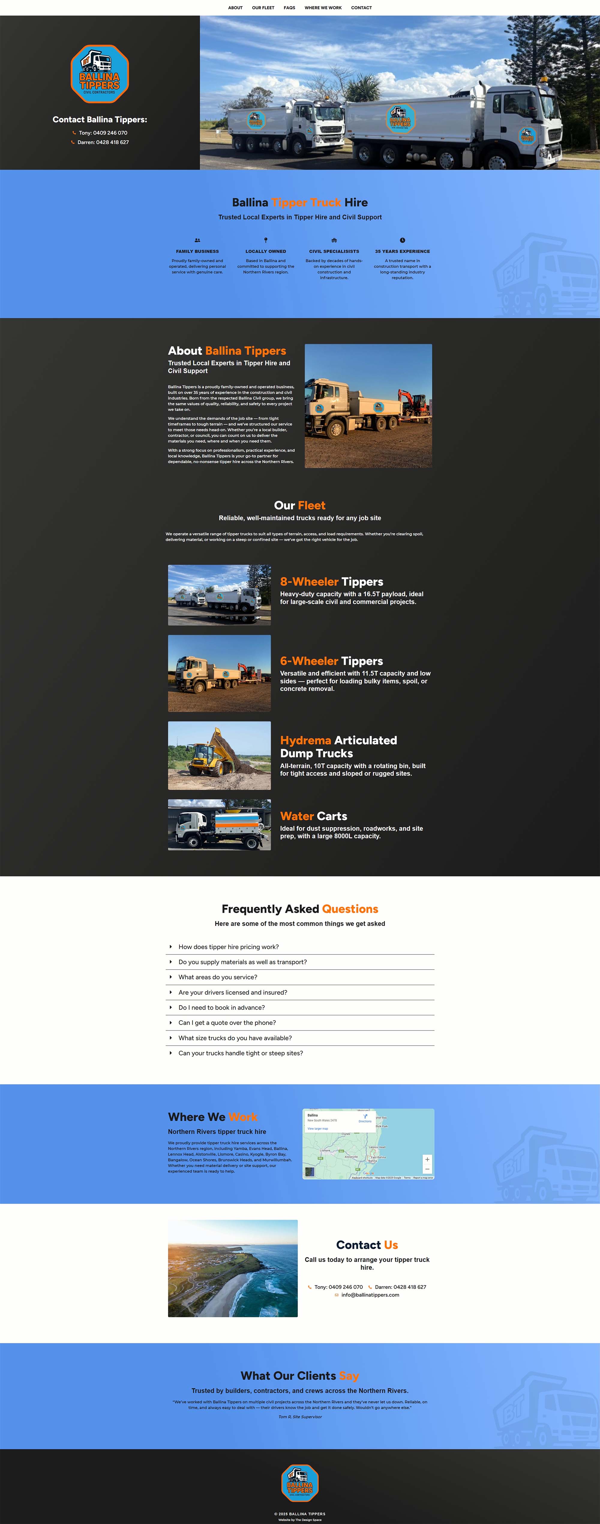Mockup of the website design for Ballina Tippers
