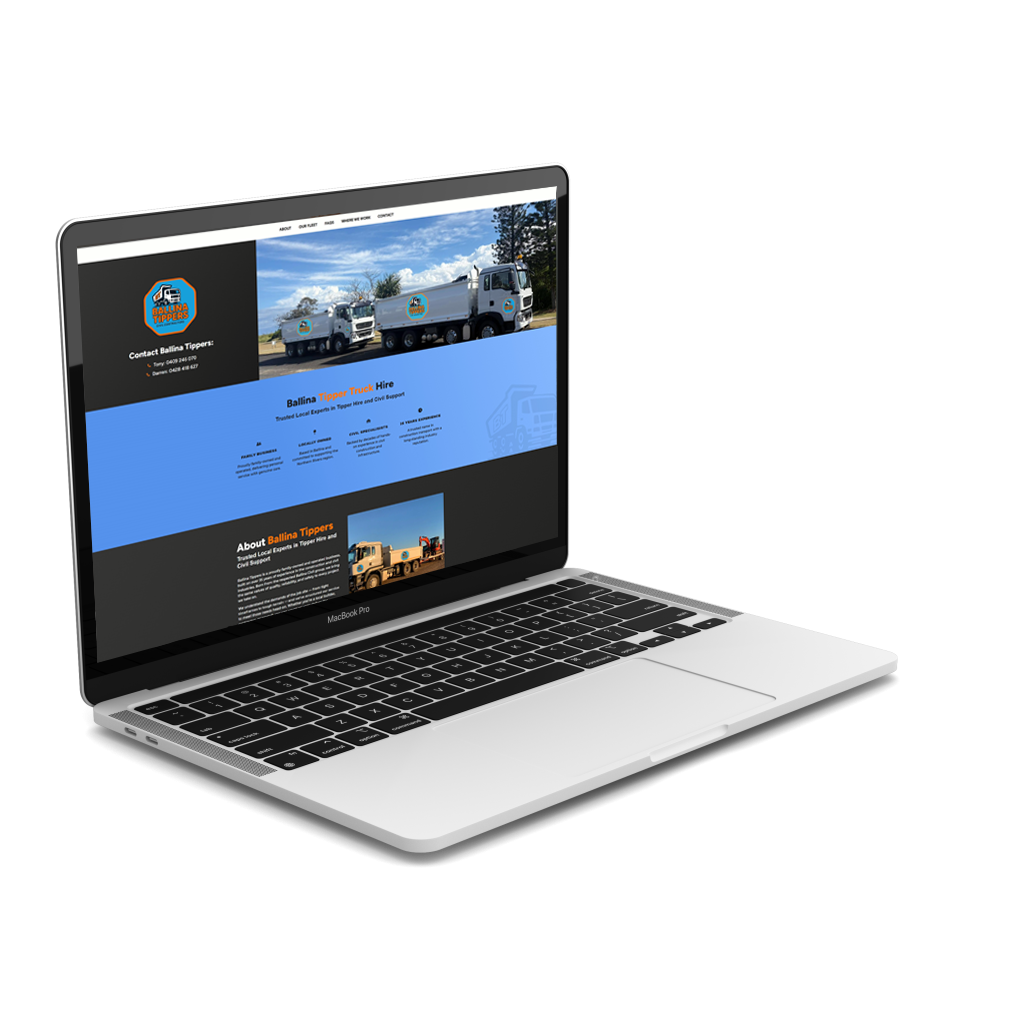 Laptop showing mockup of newly designed website for Ballina Tippers. Created by Northern Rivers webdesigners The Design Space, Ballina.