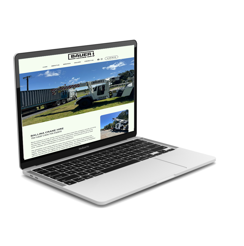 Laptop showing newly designed portfolio website for bauer cranes. A ballina based crane hire company in the norhtern rivers of nsw. Website designed by Ballina web design agency The Design Space