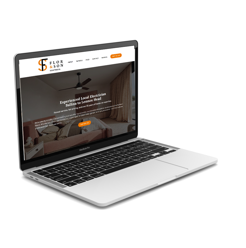 Laptop showing newly designed portfolio website for Flor and Son Electrical. A ballina based electrician company in the norhtern rivers of nsw. Website designed by Ballina web design agency The Design Space