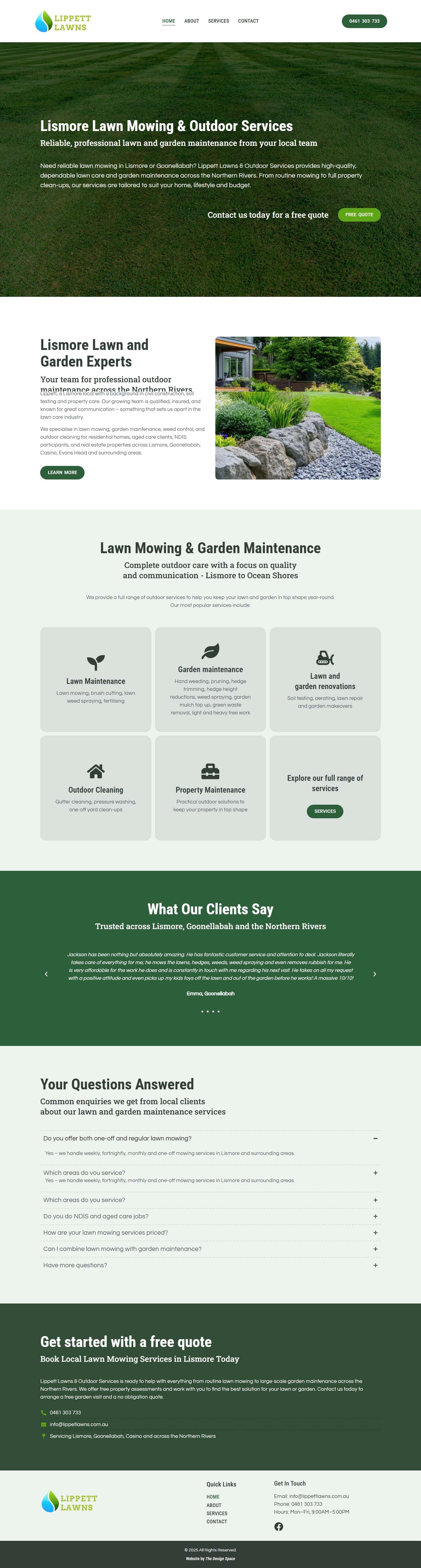Screen shot of website designed for Lismore based garden and outdoor services company Lippett Lawns. Website designed by Ballina Web Agency The Design Space