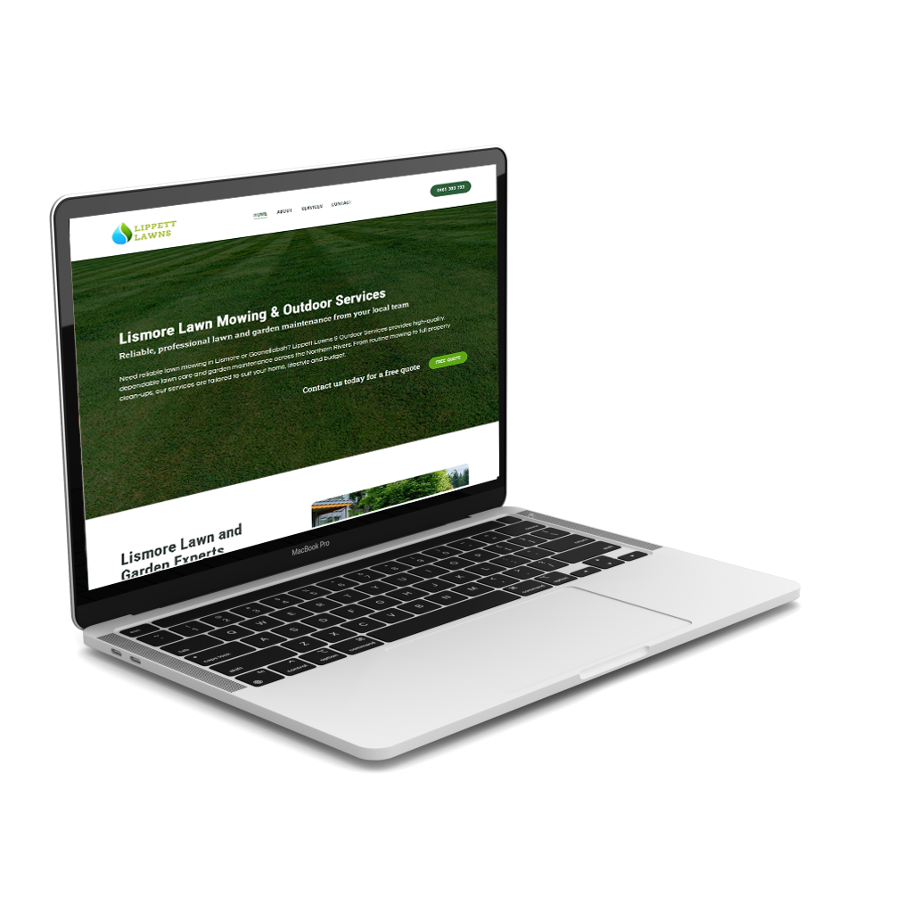 Laptop showing newly designed portfolio website for Lippett Lawns A lismore based garden services company in the norhtern rivers of nsw. Website designed by Ballina web design agency The Design Space