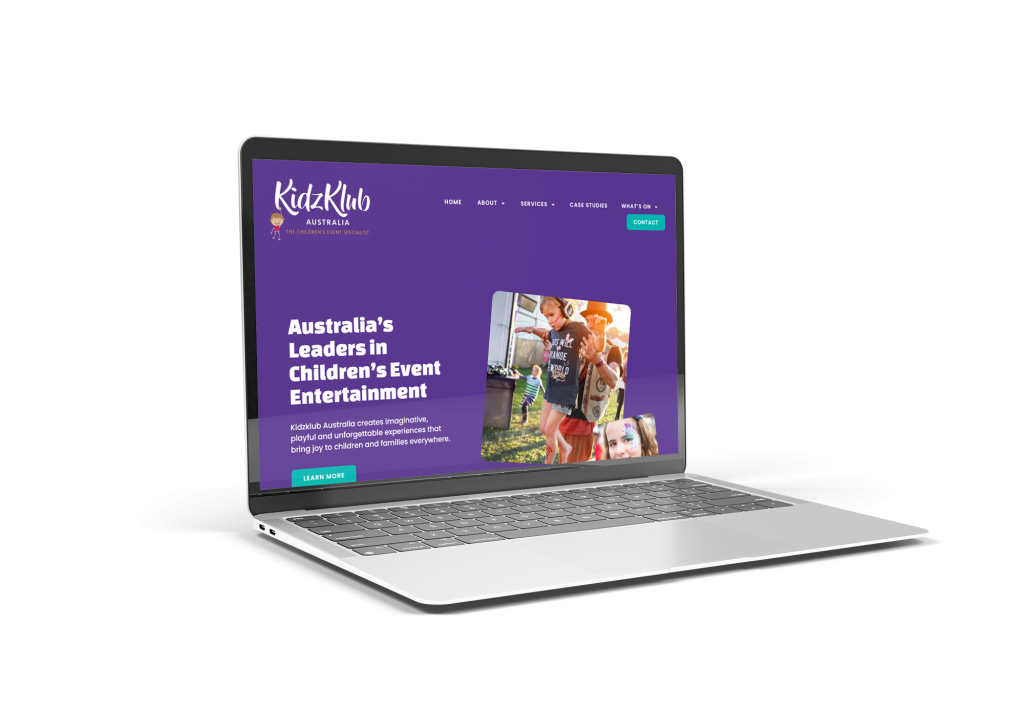 Laptop showing the new website designed for kidz klub. by byron bay web design agency the design space