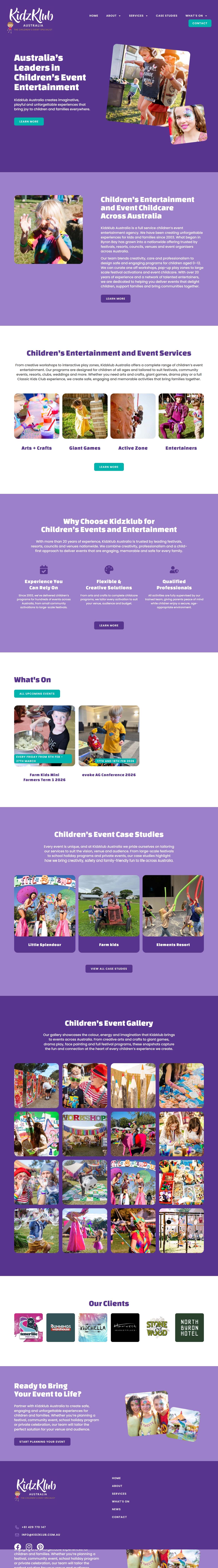 screen shot of new website ui designed for kidz klub australia by byron bay website design agency the design space